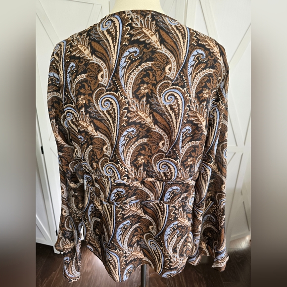 Milano - Brown Paisley Wrap Blouse with Blue Accents & Long Bell Sleeves - Picture 7 of 10